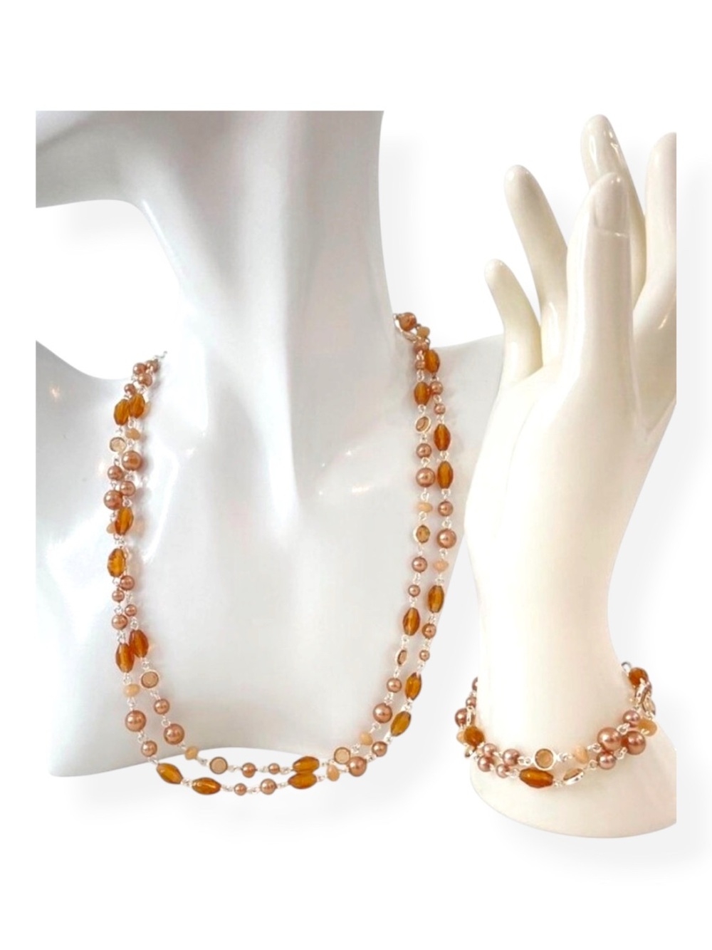 Napier Beaded Pearl & Amber Toned Layered Necklace & Bracelet Set early Vintage